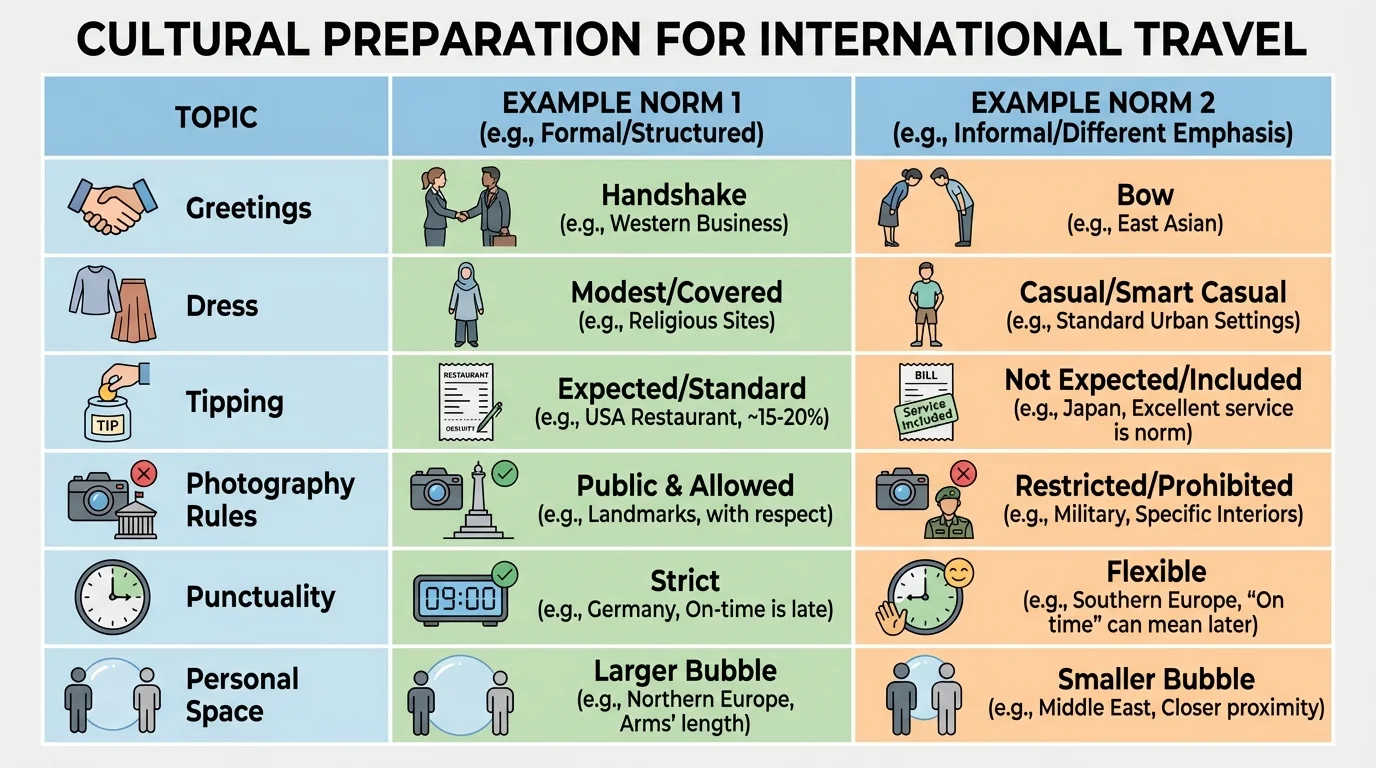 Comparison chart of cultural preparation topics for international travel including greetings, dress, tipping, photography rules, punctuality, and personal space