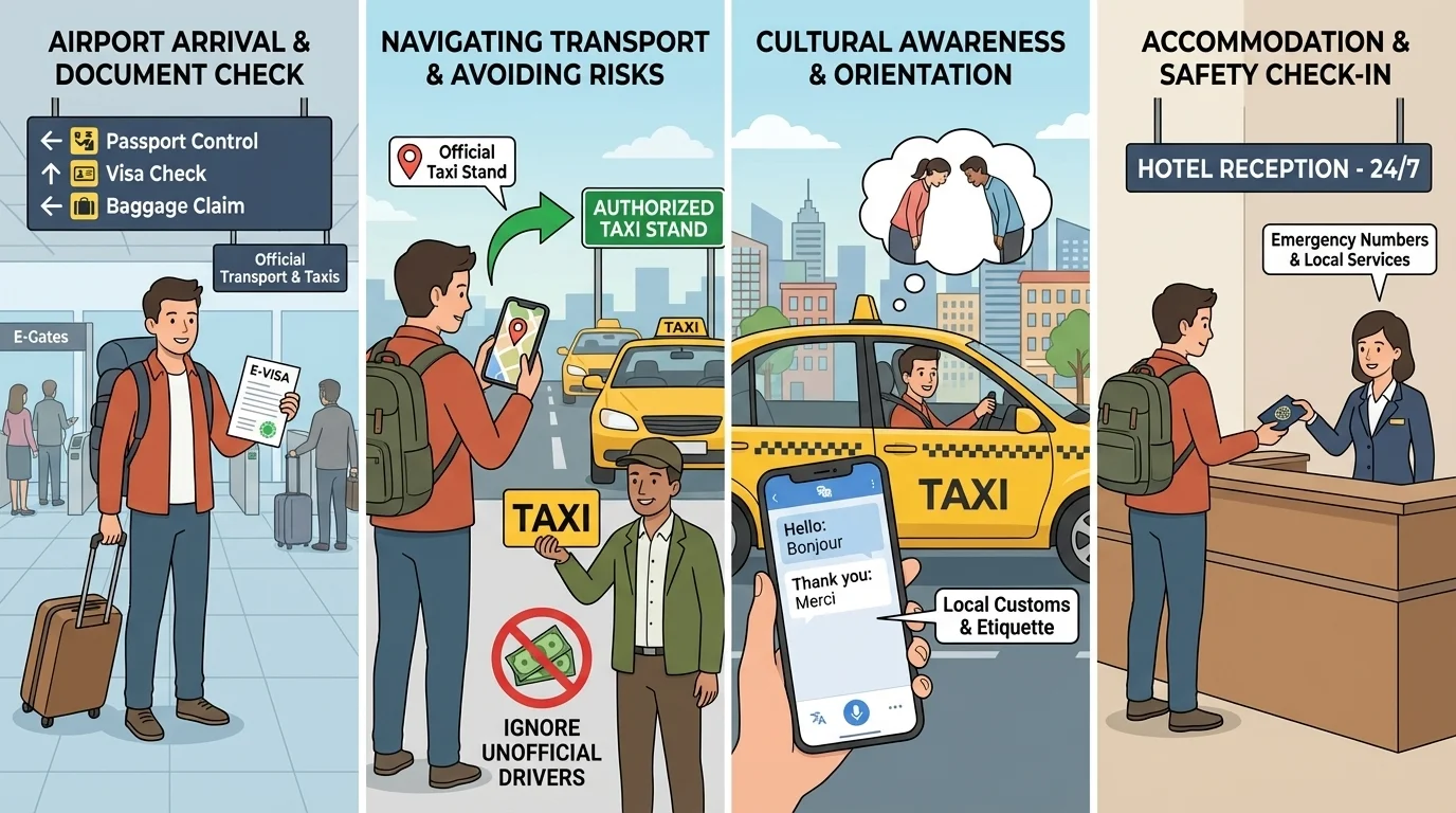 Traveler arriving in a foreign city, following signs from airport to official transport, checking phone map, ignoring unofficial driver, and arriving at hotel reception