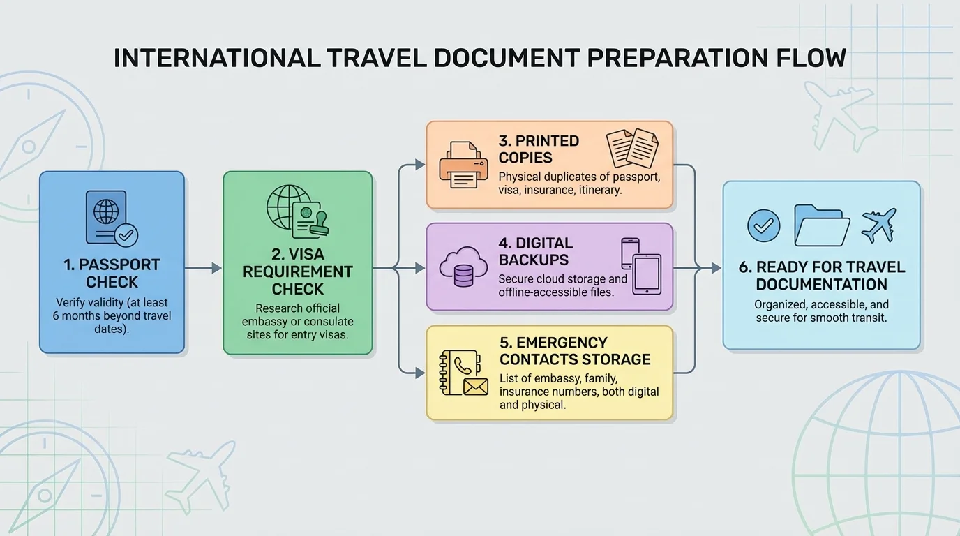 Flowchart of international travel document preparation with passport validity check, visa requirement check, printed copies, digital backups, and emergency contact storage