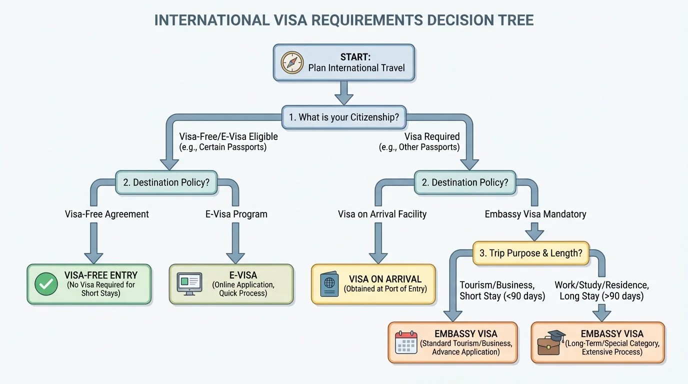 Decision tree for visa requirements based on citizenship, destination, trip purpose, and trip length, ending in visa-free, e-visa, visa on arrival, or embassy visa