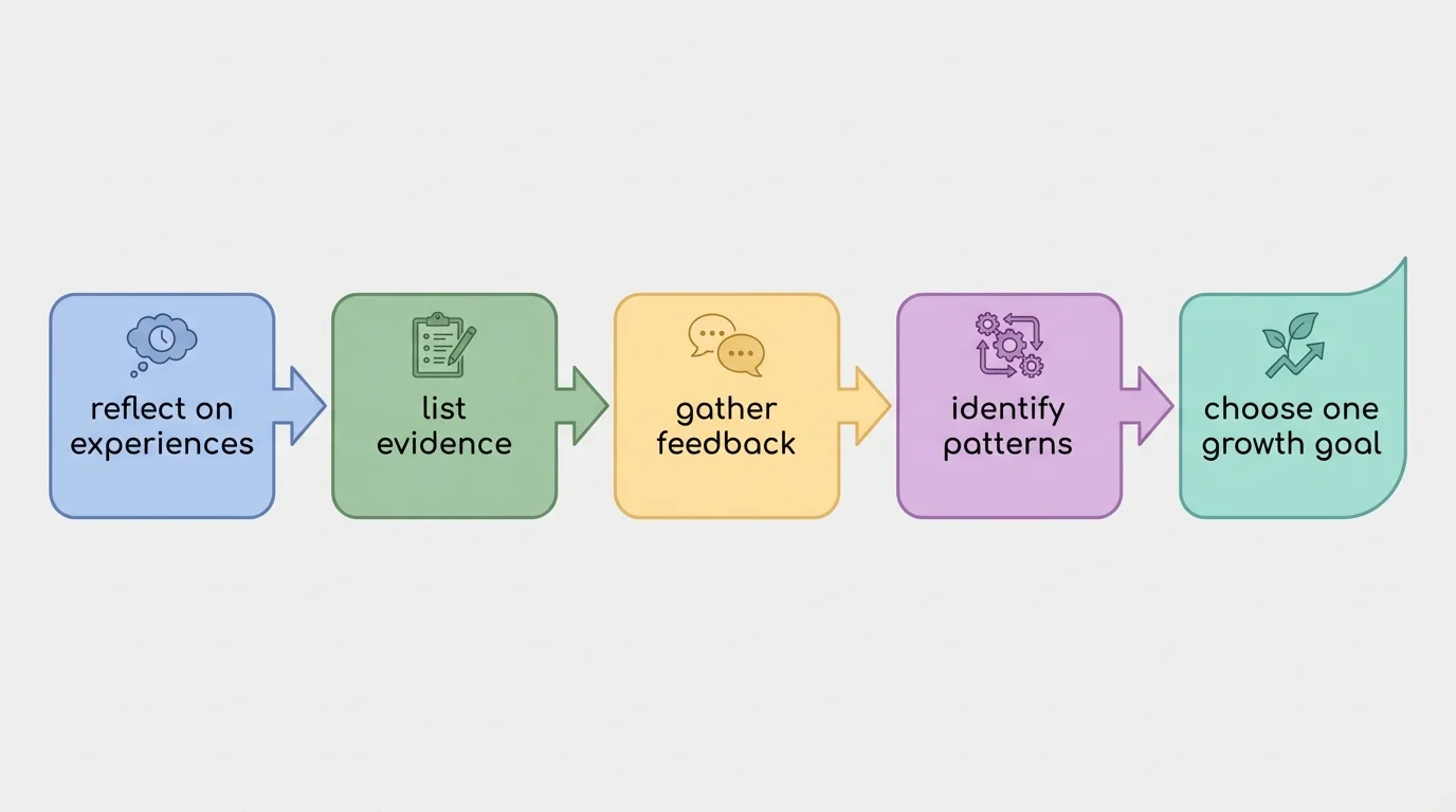 flowchart of leadership self-assessment steps: reflect on experiences, list evidence, gather feedback, identify patterns, choose one growth goal