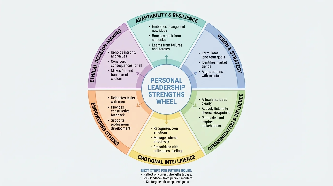 chart showing a personal leadership strengths wheel with six labeled categories and sample behaviors in each