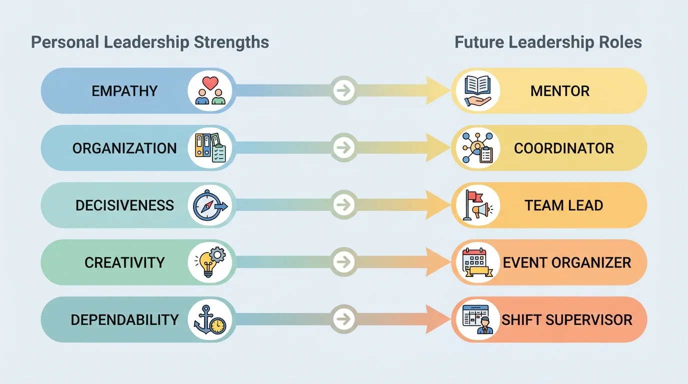 chart matching strengths like empathy, organization, decisiveness, creativity, and dependability to roles such as mentor, coordinator, team lead, event organizer, and shift supervisor