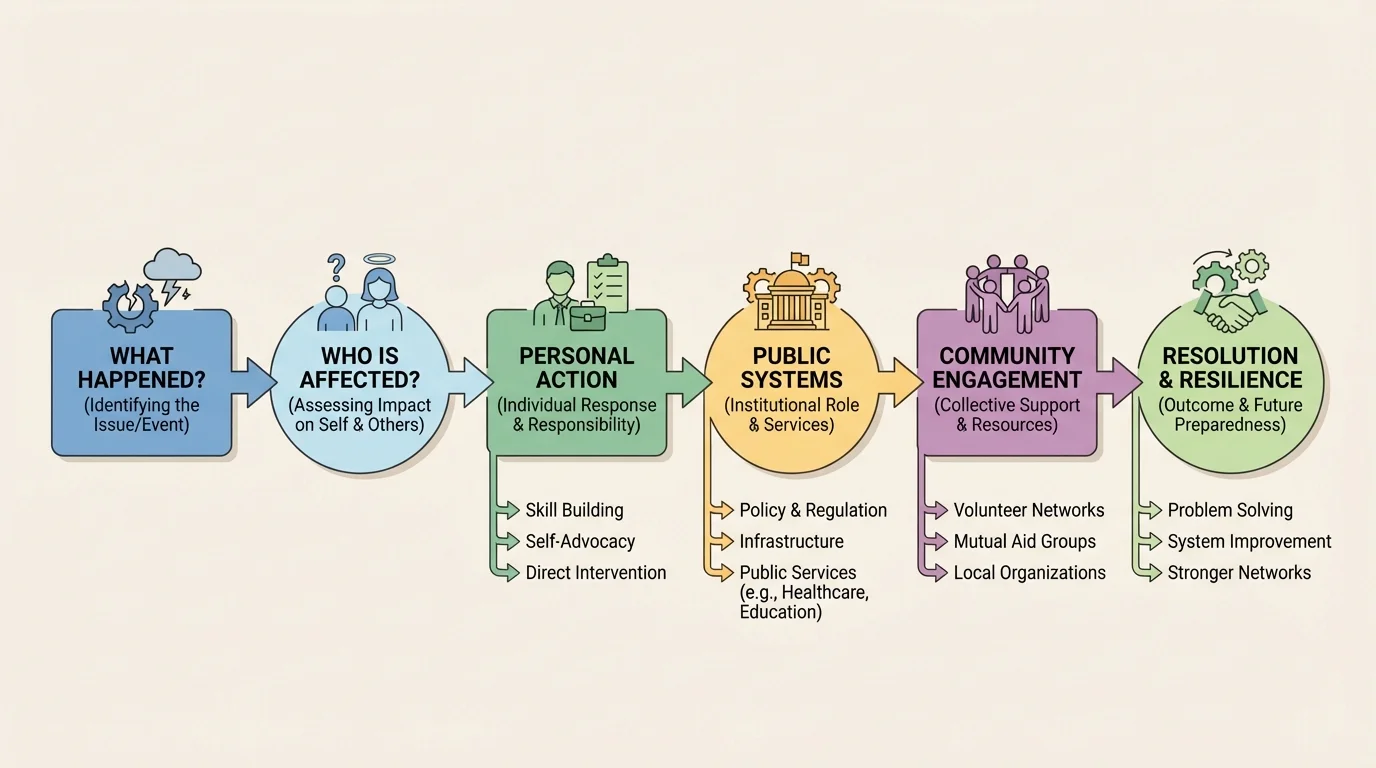 Decision flowchart asking what happened, who is affected, what personal action is possible, what system is responsible, and what community support can help