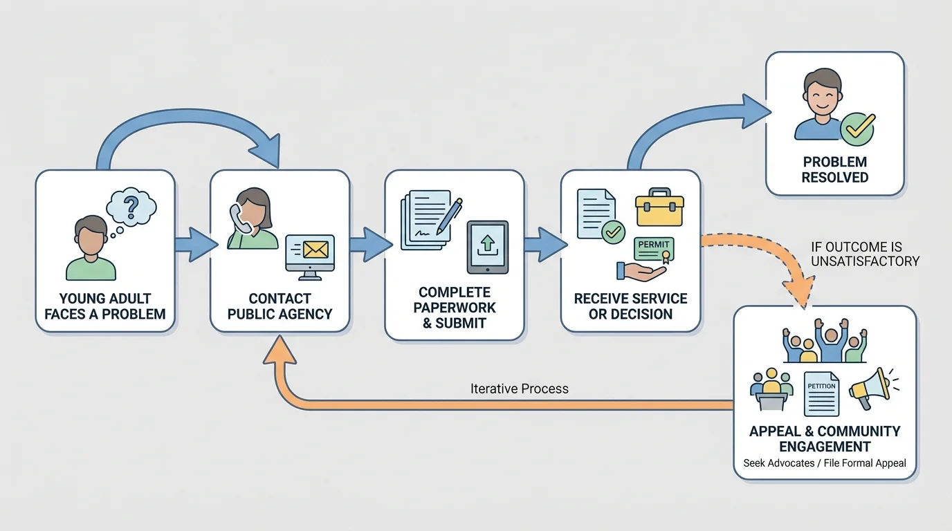 Flowchart showing a young adult facing a problem, contacting a public agency, completing paperwork, receiving service, and appealing if needed