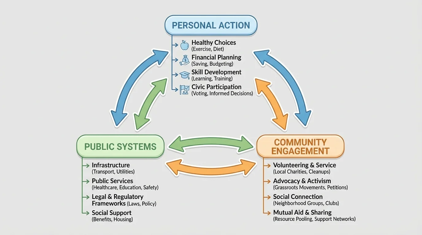 Flowchart triangle showing personal action, public systems, and community engagement with arrows between all three and examples near each point