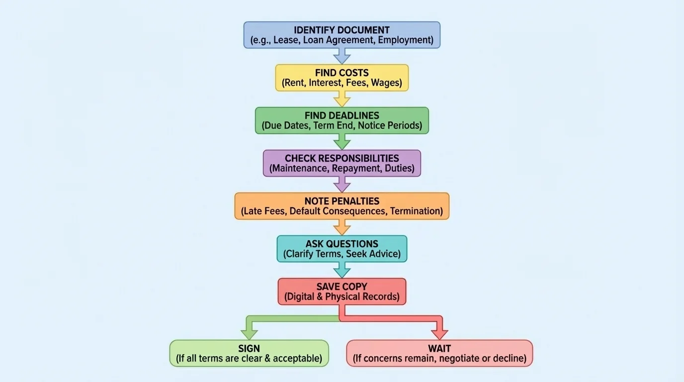 Flowchart showing a contract review process: identify document, find costs, find deadlines, check responsibilities, note penalties, ask questions, save copy, then sign or wait
