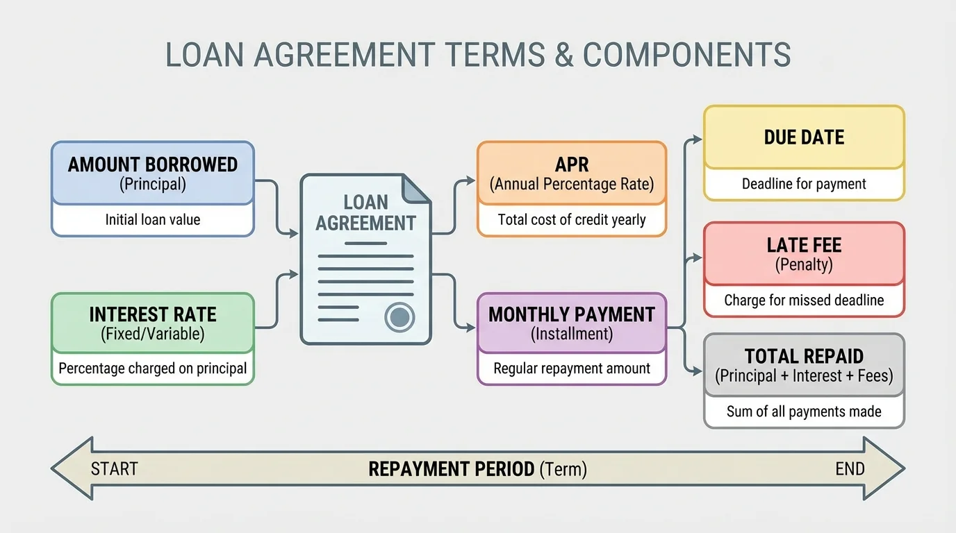 Chart comparing parts of a loan agreement with labeled boxes for amount borrowed, interest rate, APR, monthly payment, due date, late fee, and total repaid