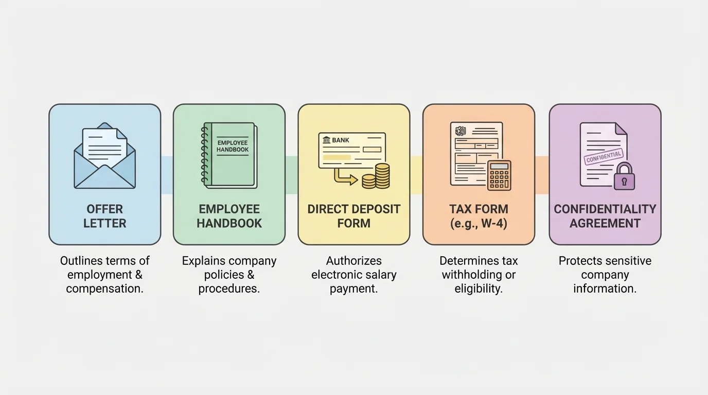Chart showing offer letter, employee handbook, direct deposit form, tax form, and confidentiality agreement with one short purpose label for each