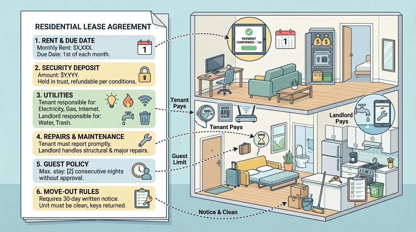 Illustration of a lease page and apartment scene with callouts for rent, due date, security deposit, utilities, repairs, guests, and move-out rules
