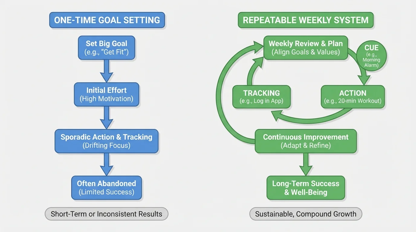flowchart comparing one-time goal setting to a repeatable weekly system with cues, actions, tracking, and review