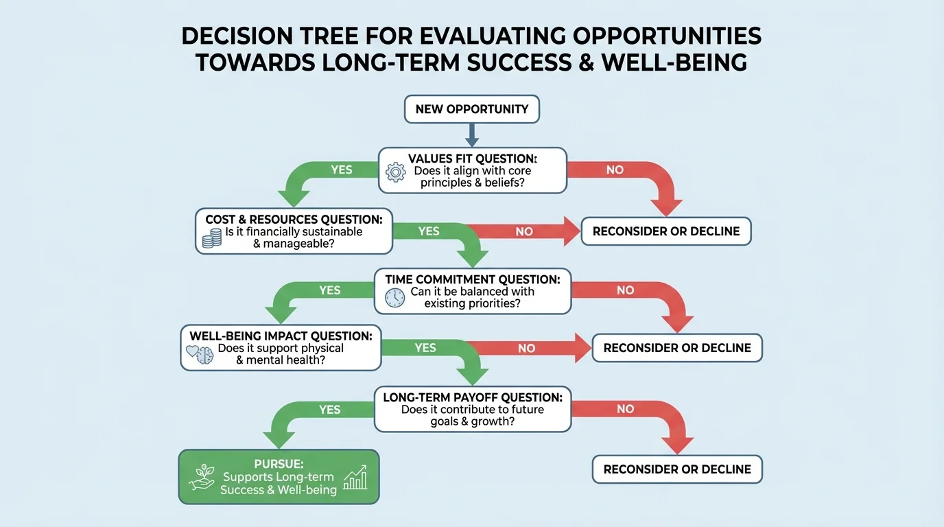 decision tree for choosing between opportunities using questions about values fit, cost, time, well-being, and long-term payoff