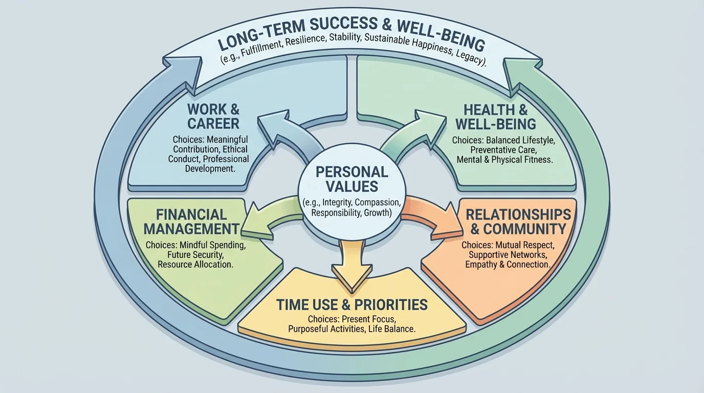 chart showing personal values in the center with arrows to choices about work, health, relationships, money, and time use