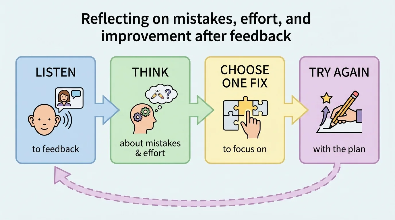 Child-friendly flowchart with four boxes and arrows: listen, think, choose one fix, try again