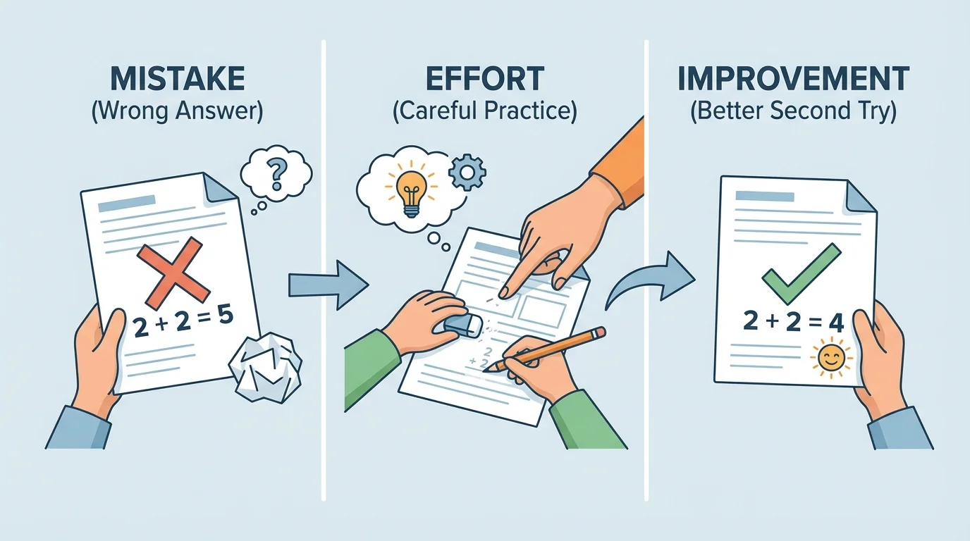 Three-panel chart showing mistake, effort, and improvement with simple child-friendly examples: wrong answer, careful practice, better second try