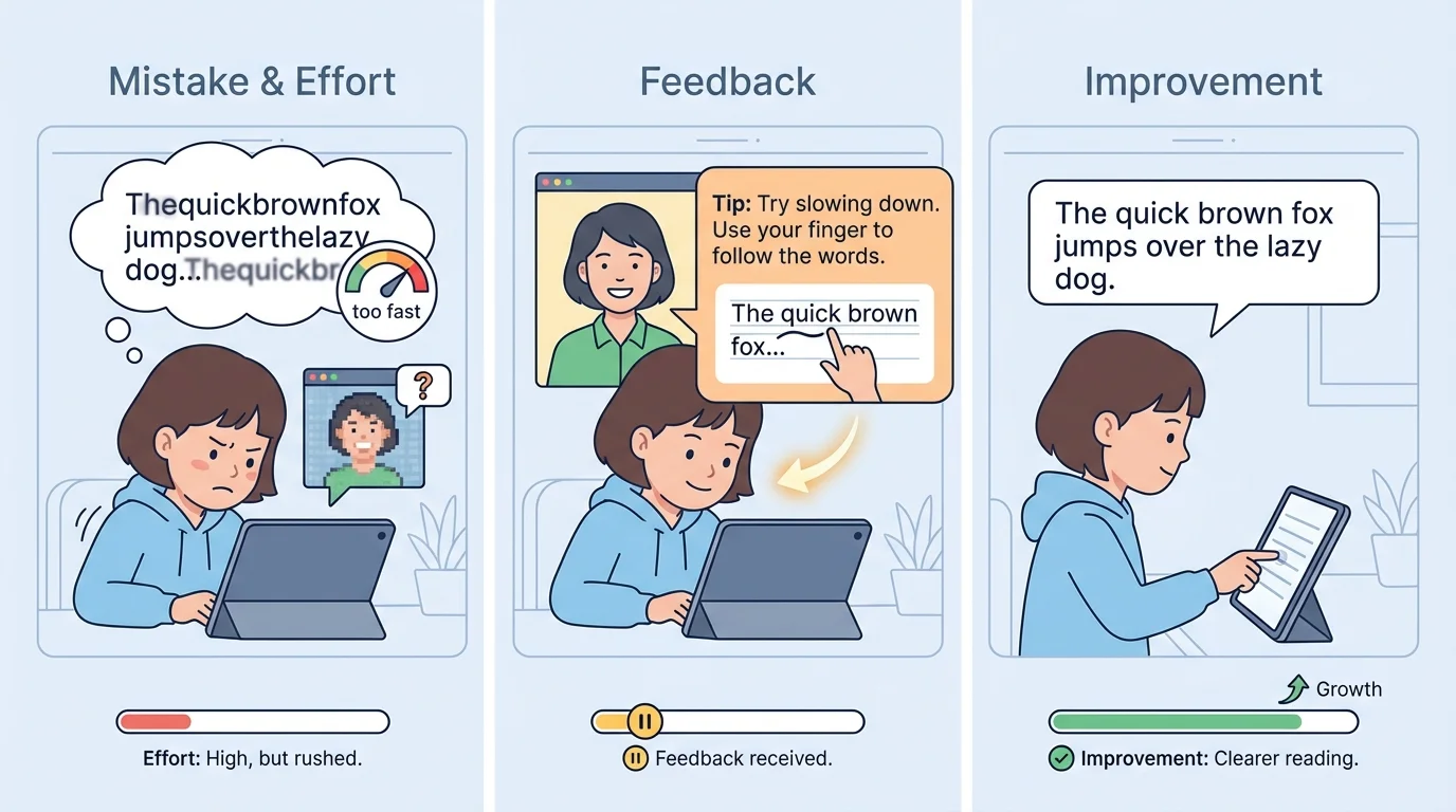 Child on a video call reading aloud, receiving a tip to slow down, then reading more clearly on the next try