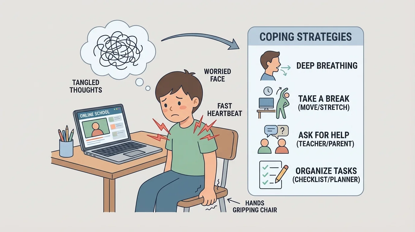 child at home desk during online school with labels for fast heartbeat, worried face, tangled thoughts, and hands gripping chair, showing signs of stress and confusion