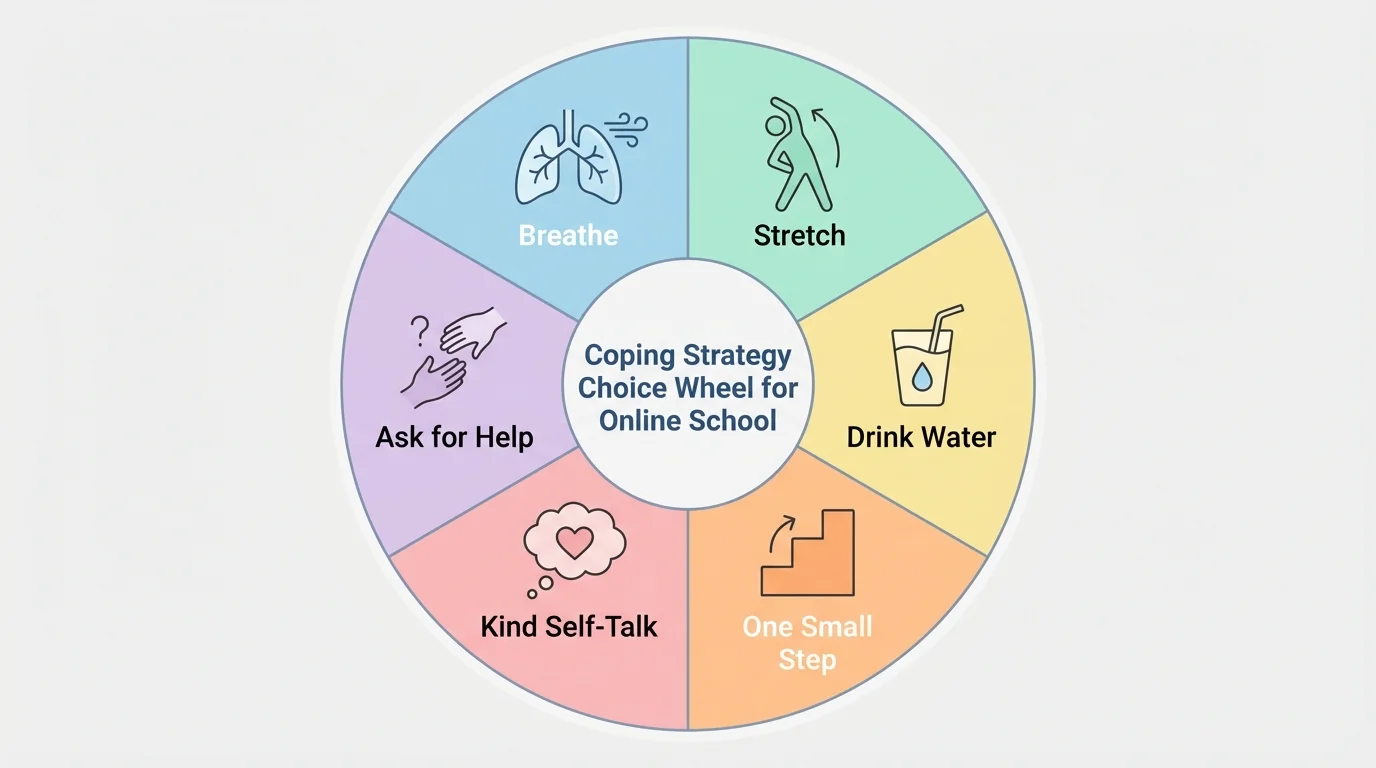 coping strategy choice wheel for online school with sections labeled breathe, stretch, drink water, one small step, kind self-talk, ask for help