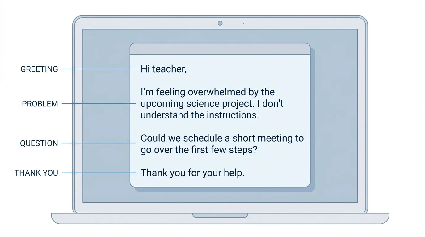 laptop screen showing a simple help message with parts labeled greeting, problem, question, thank you