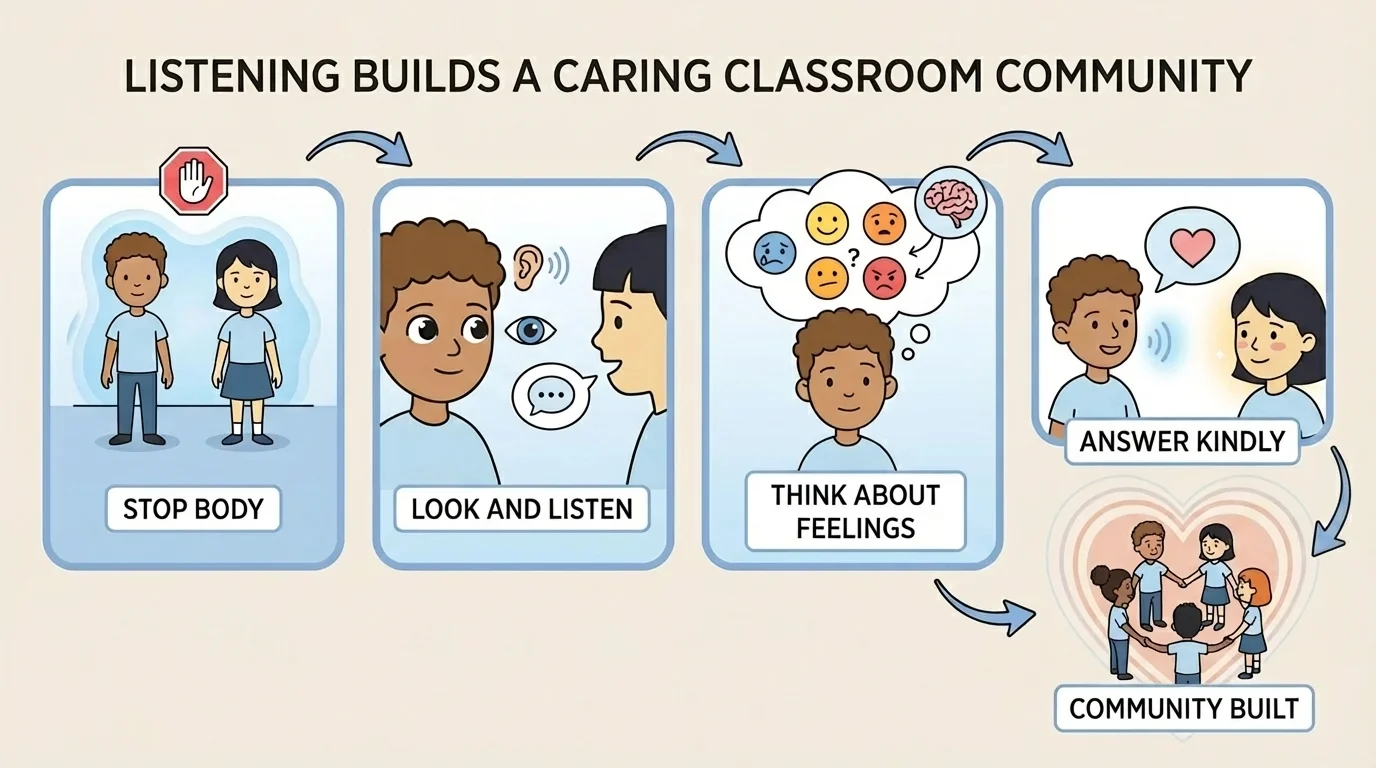 four-step routine with boxes labeled stop body, look and listen, think about feelings, answer kindly
