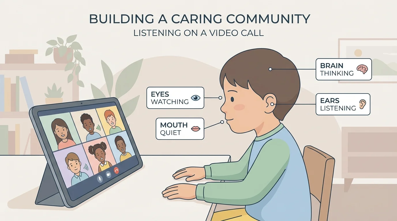 child on a video call looking at screen, hands still, waiting turn, with simple labels eyes watching, ears listening, mouth quiet, brain thinking