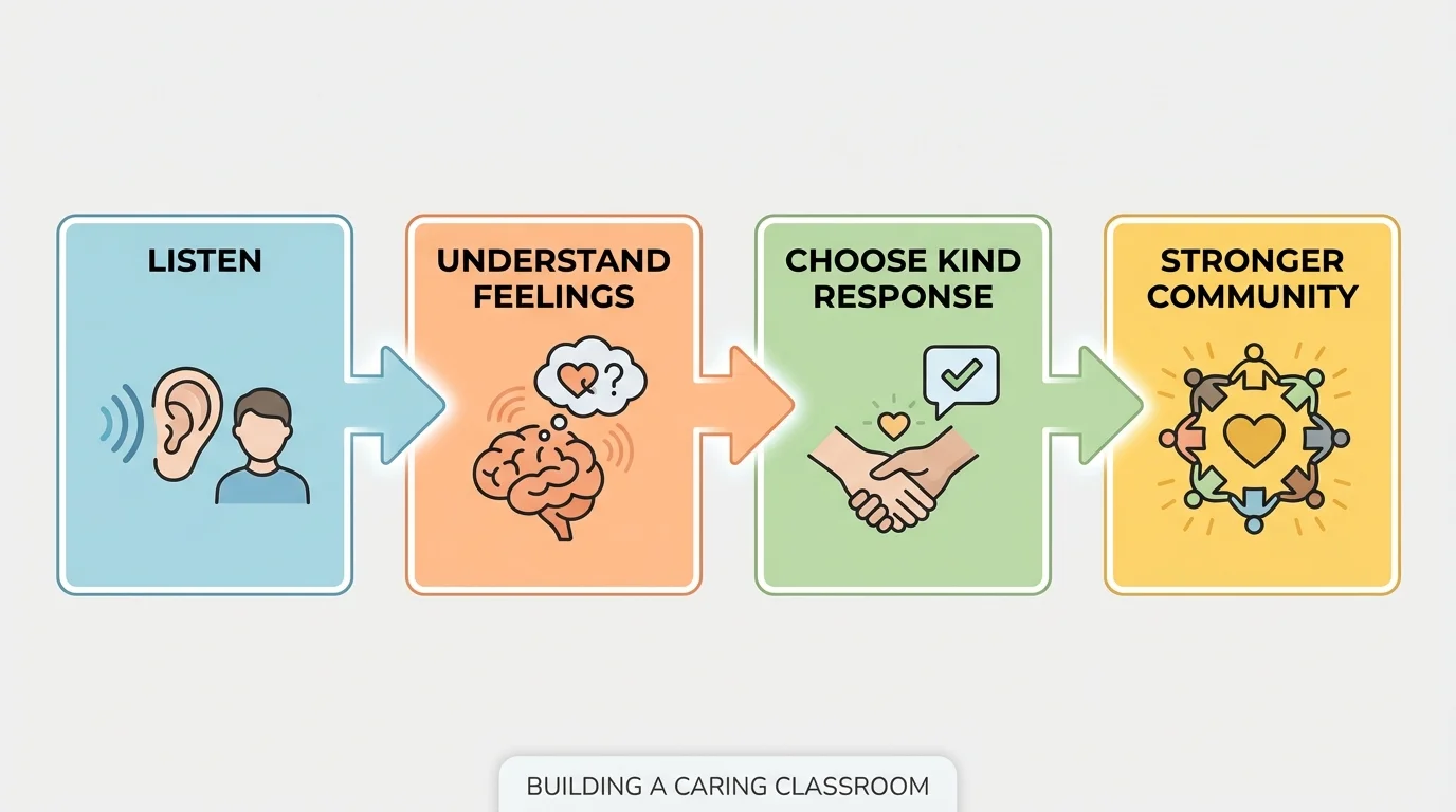boxes with arrows labeled listen, understand feelings, choose kind response, stronger community
