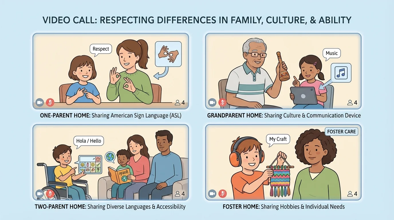 video call grid showing children from different family setups such as one parent home, grandparent home, two-parent home, and foster home, each sharing something from home in a warm respectful scene
