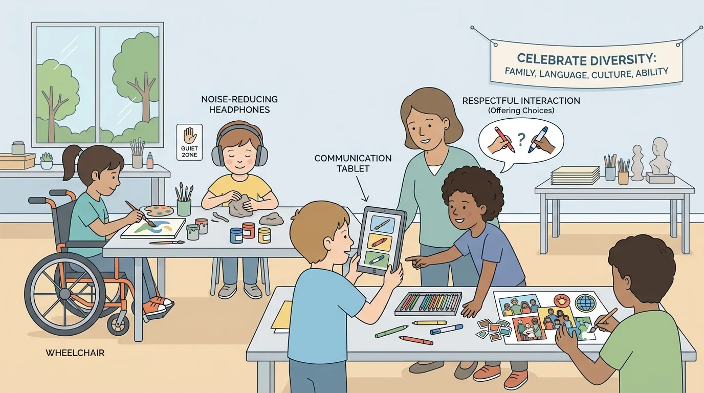community art class with one child using a wheelchair, one wearing noise-reducing headphones, one using a communication tablet, and another child respectfully offering choices and space
