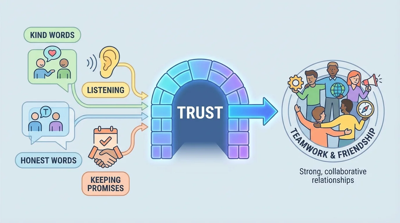 kind words, honest words, listening, and keeping promises leading to trust, then teamwork and friendship