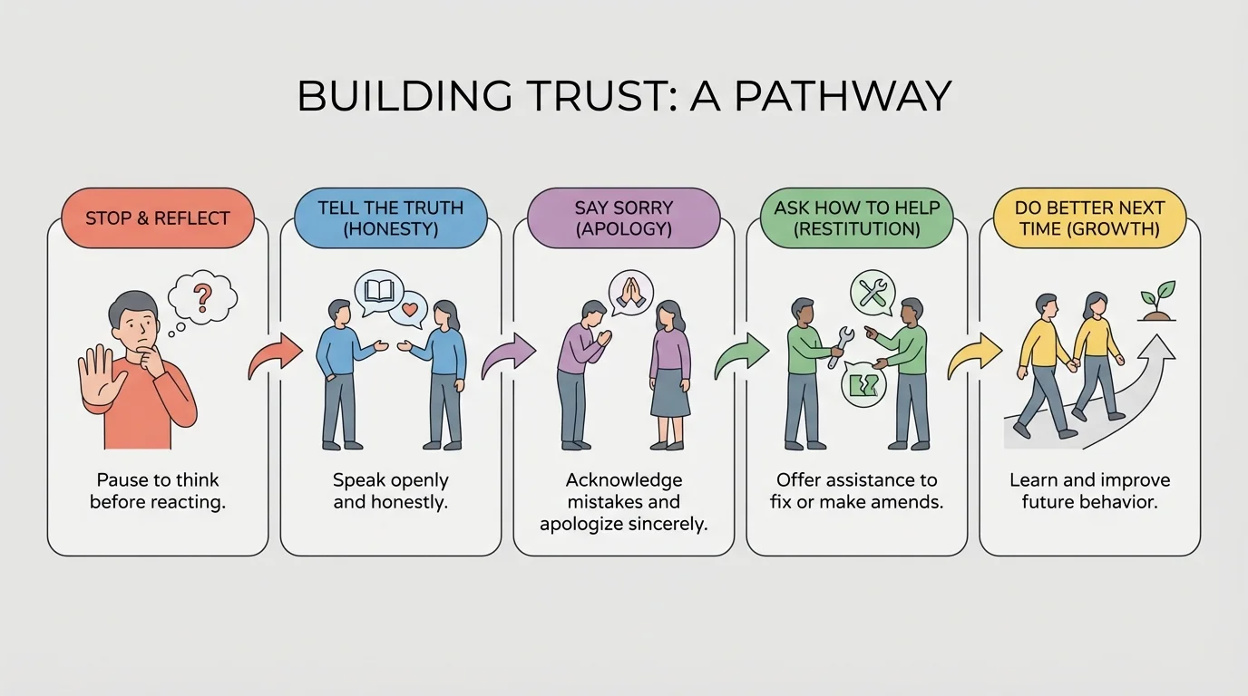 steps stop, tell the truth, say sorry, ask how to help, and do better next time