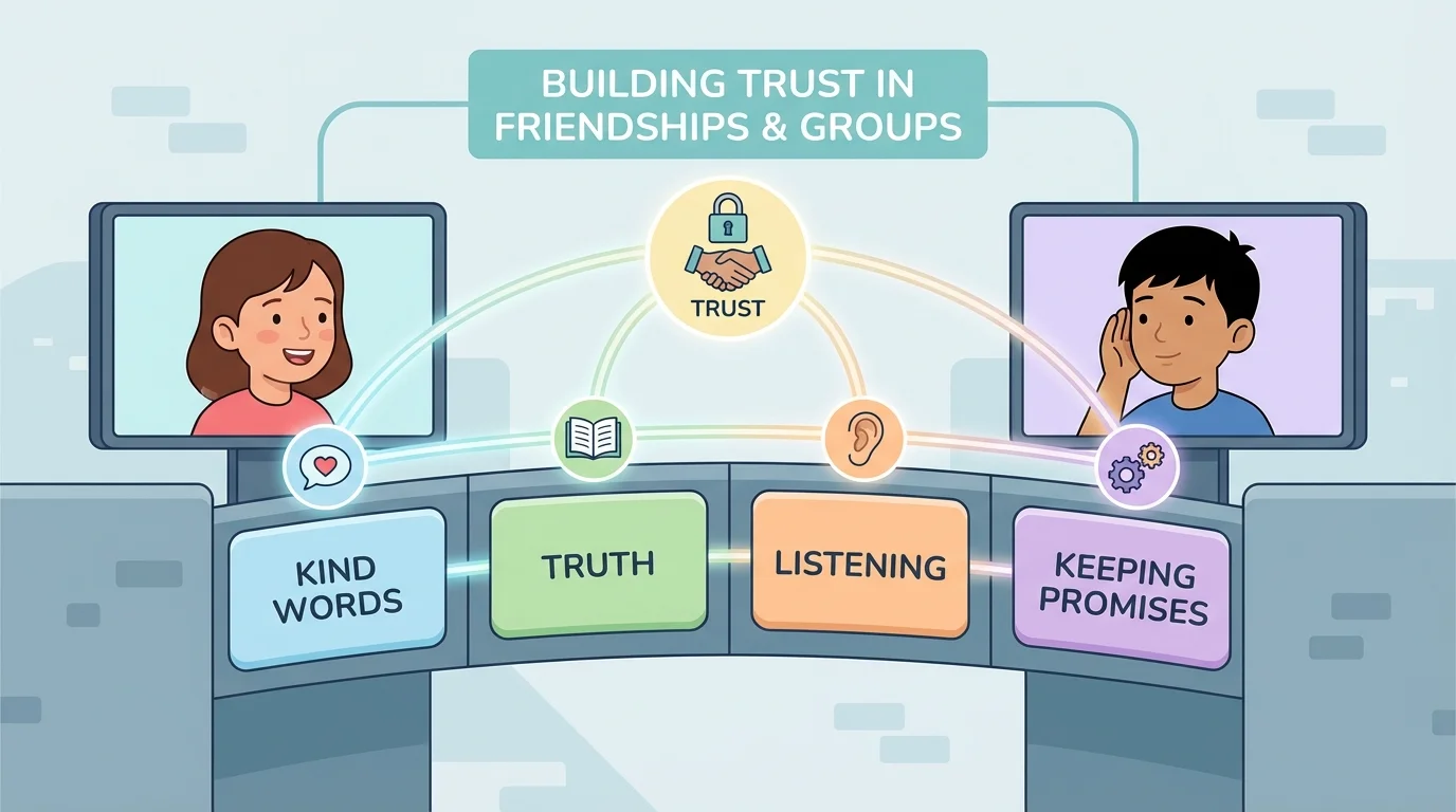 two children on a video call on opposite sides of a bridge labeled kind words, truth, listening, and keeping promises