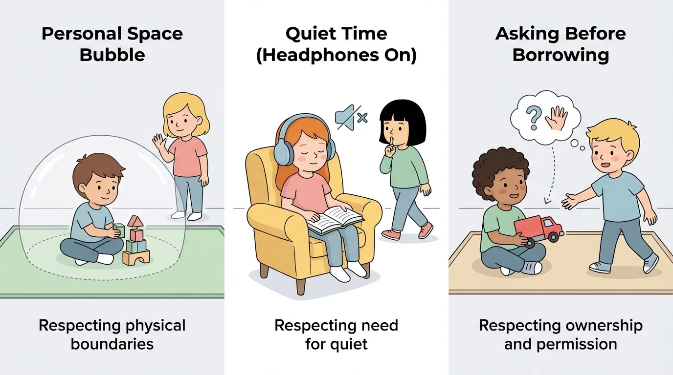 child with simple labeled scenes showing personal space, quiet time with headphones, and asking before borrowing a toy or book