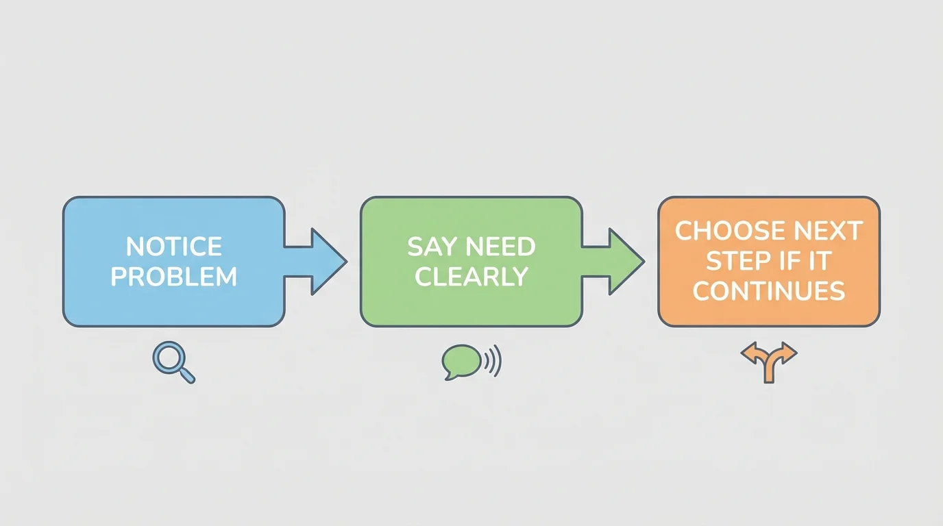 three-step boundary-setting flowchart with boxes labeled notice problem, say need clearly, choose next step if it continues