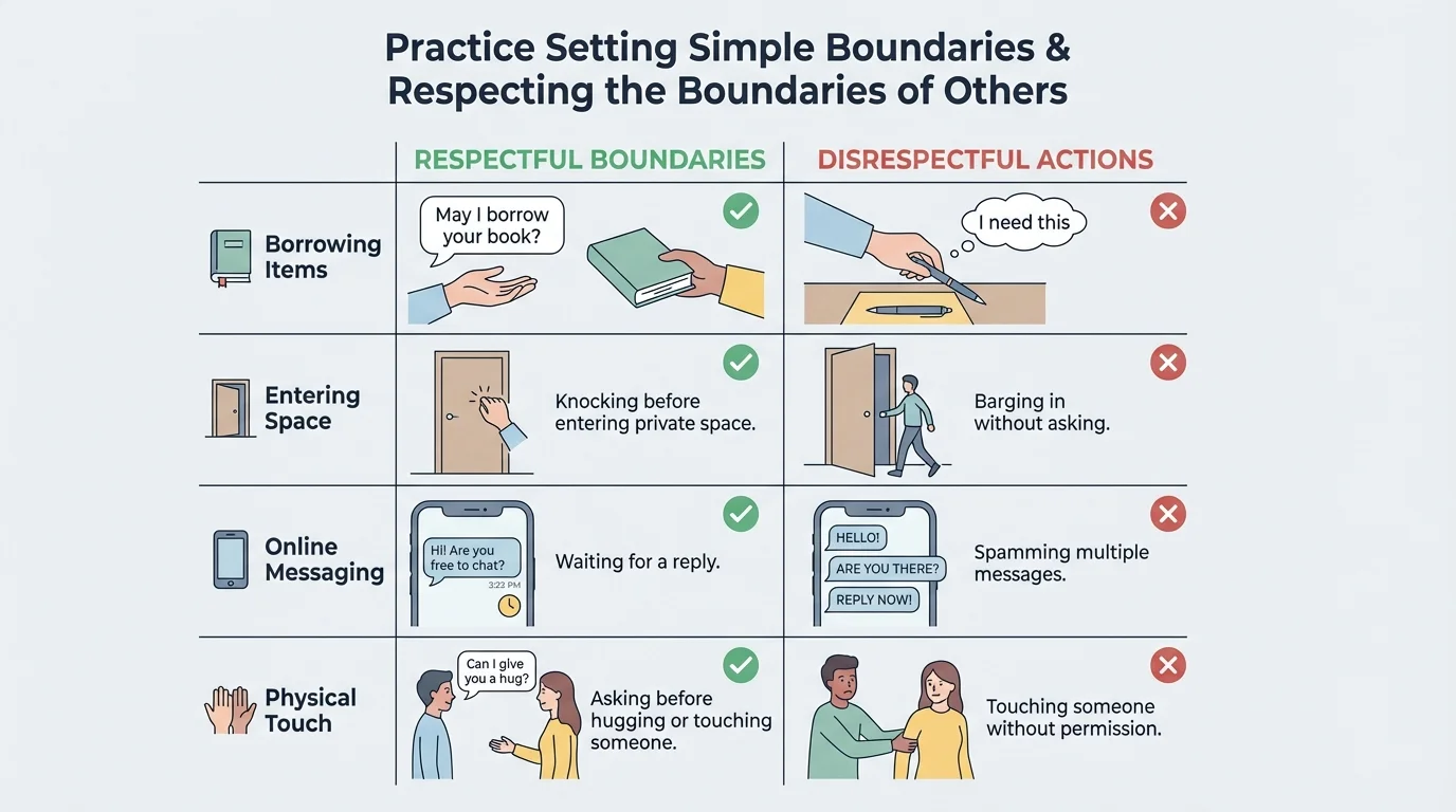 two-column comparison chart of respectful versus disrespectful actions in situations like borrowing items, entering space, online messaging, and physical touch
