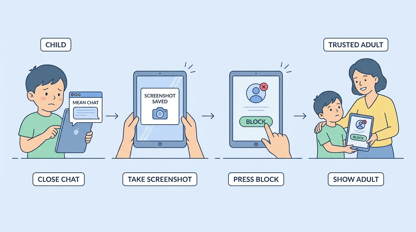 Child looking concerned while closing a mean chat on a tablet, taking a screenshot, pressing block, and showing the device to a nearby trusted adult