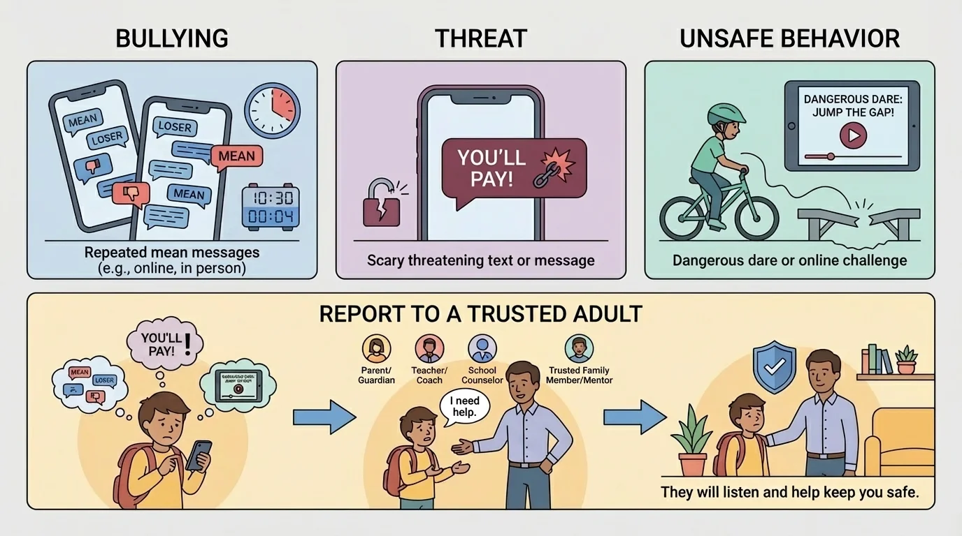 Three-column comparison chart labeled bullying, threat, and unsafe behavior, with kid-friendly scenes such as repeated mean messages, a scary threatening text, and a dangerous dare near a bike or online challenge