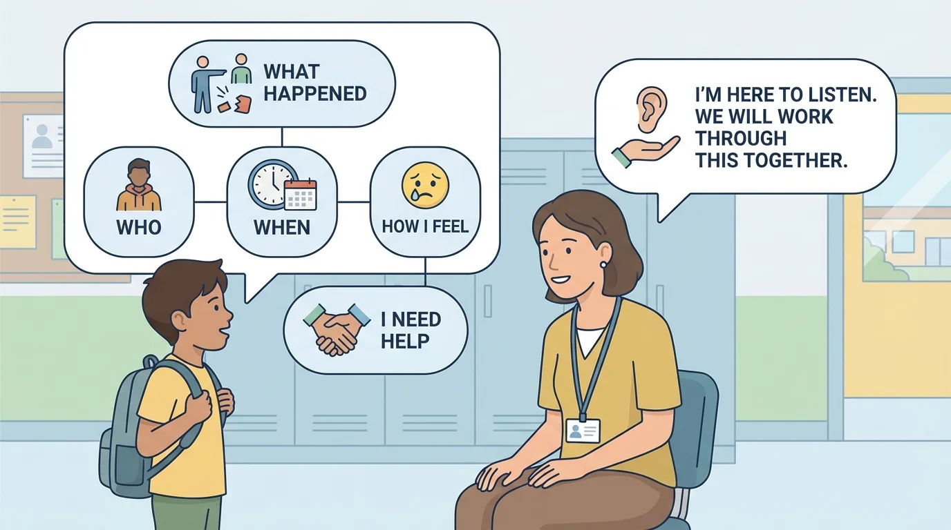 Child talking to a trusted adult with simple speech bubbles labeled what happened, who, when, how I feel, and I need help