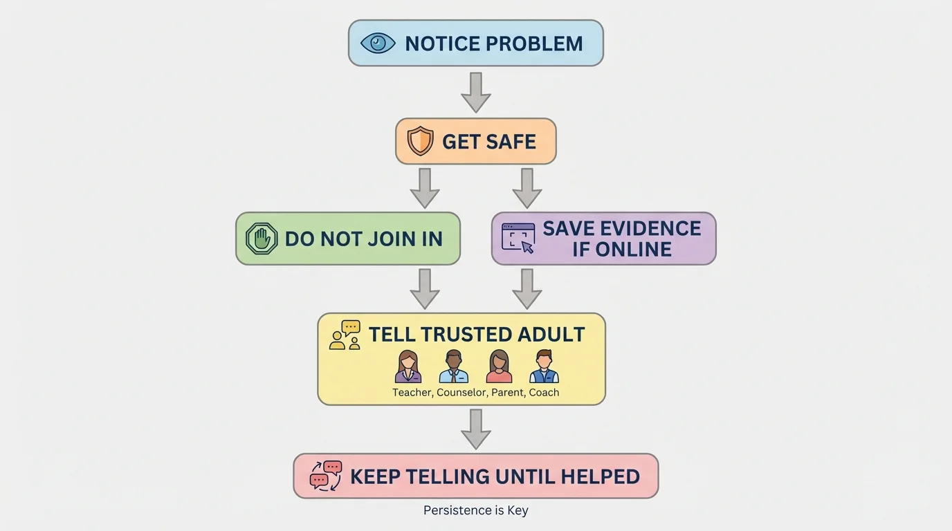 Flowchart with boxes and arrows showing notice problem, get safe, do not join in, save evidence if online, tell trusted adult, keep telling until helped