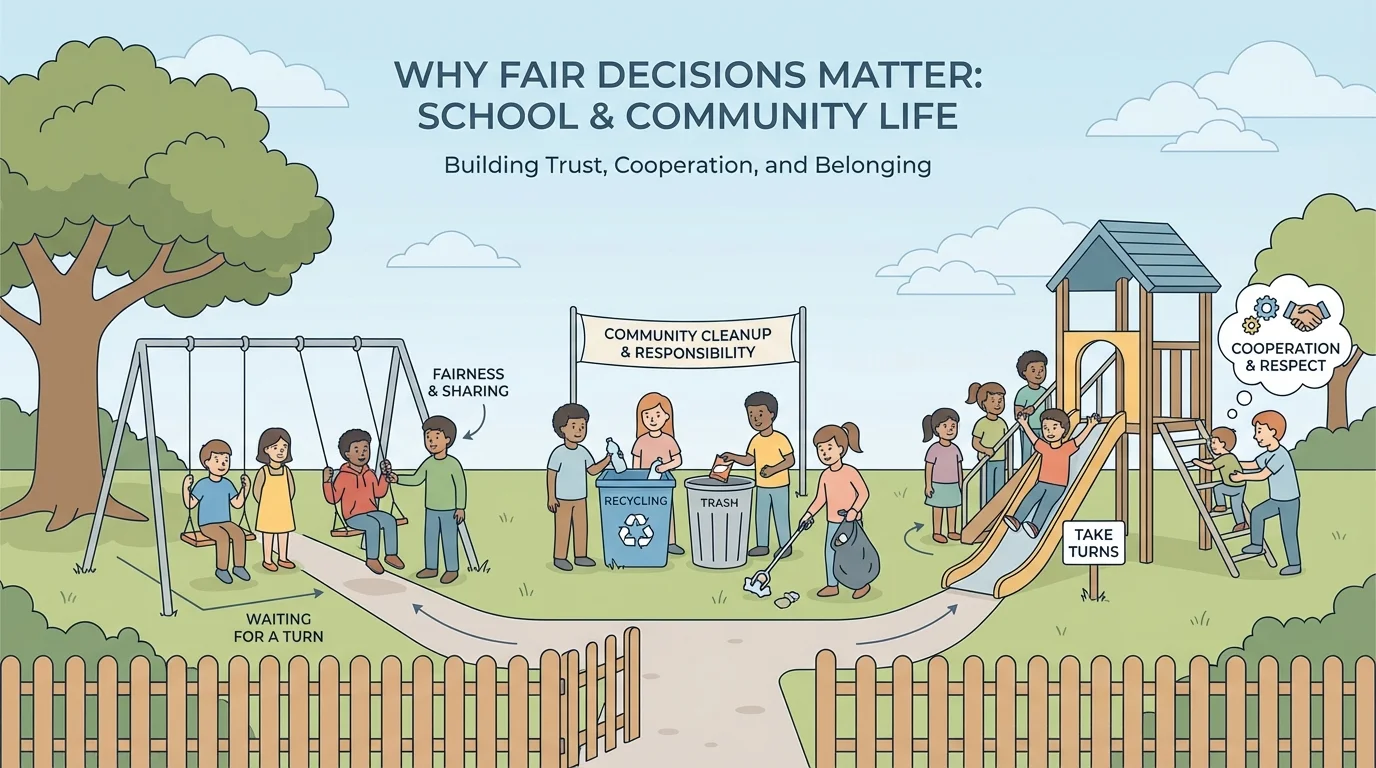 Illustration showing children sharing swings, waiting turns, and helping clean up in a neighborhood park