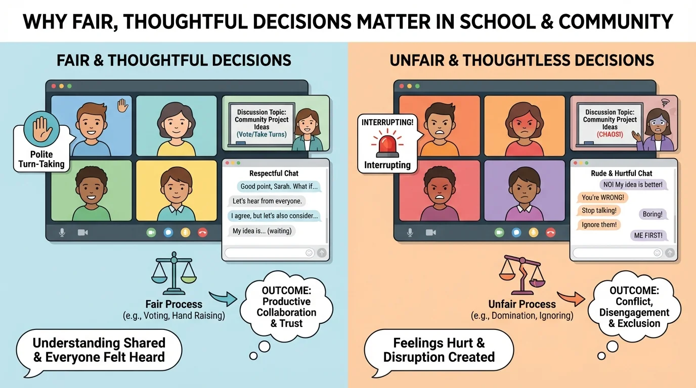 Illustration showing split scene of an online class, one side with polite turn-taking and one side with interrupting and rude chat messages