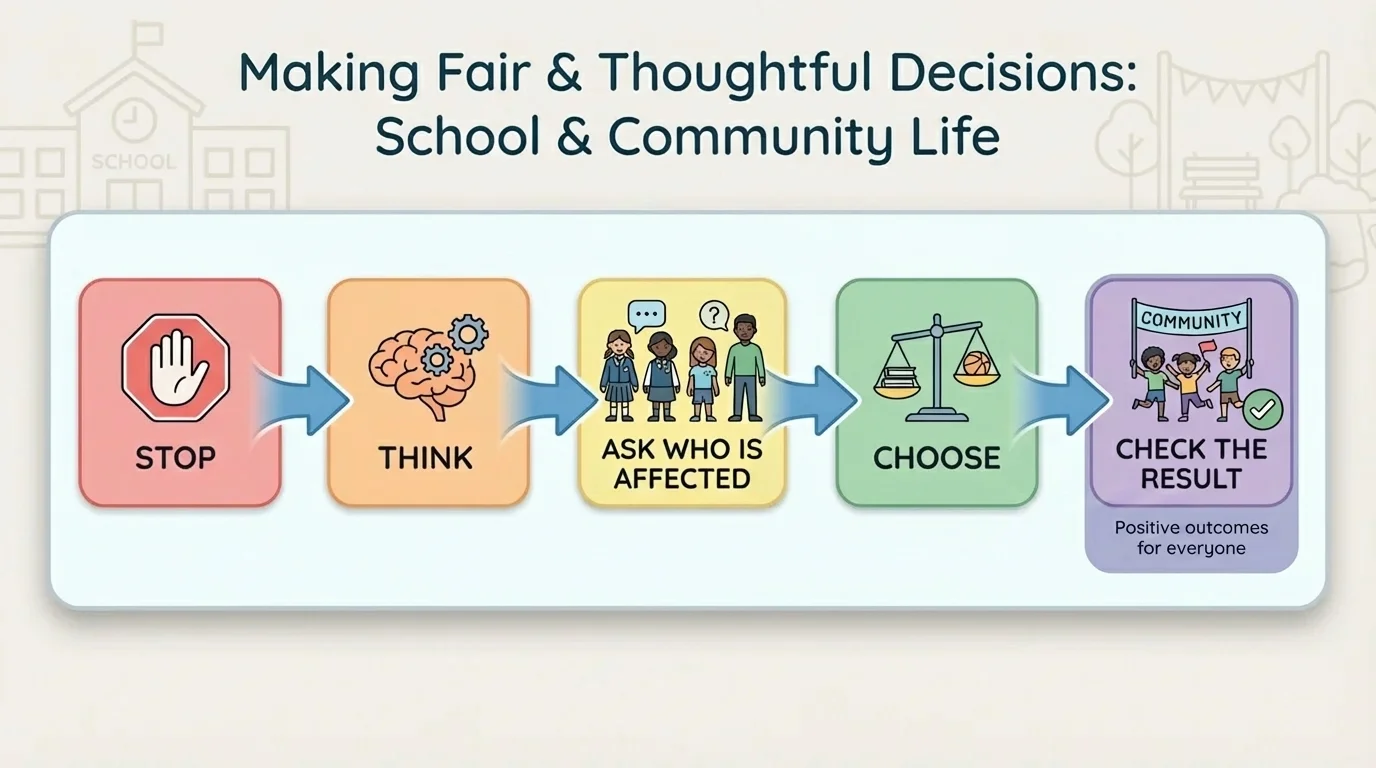 Child-friendly flowchart with boxes labeled stop, think, ask who is affected, choose, and check the result