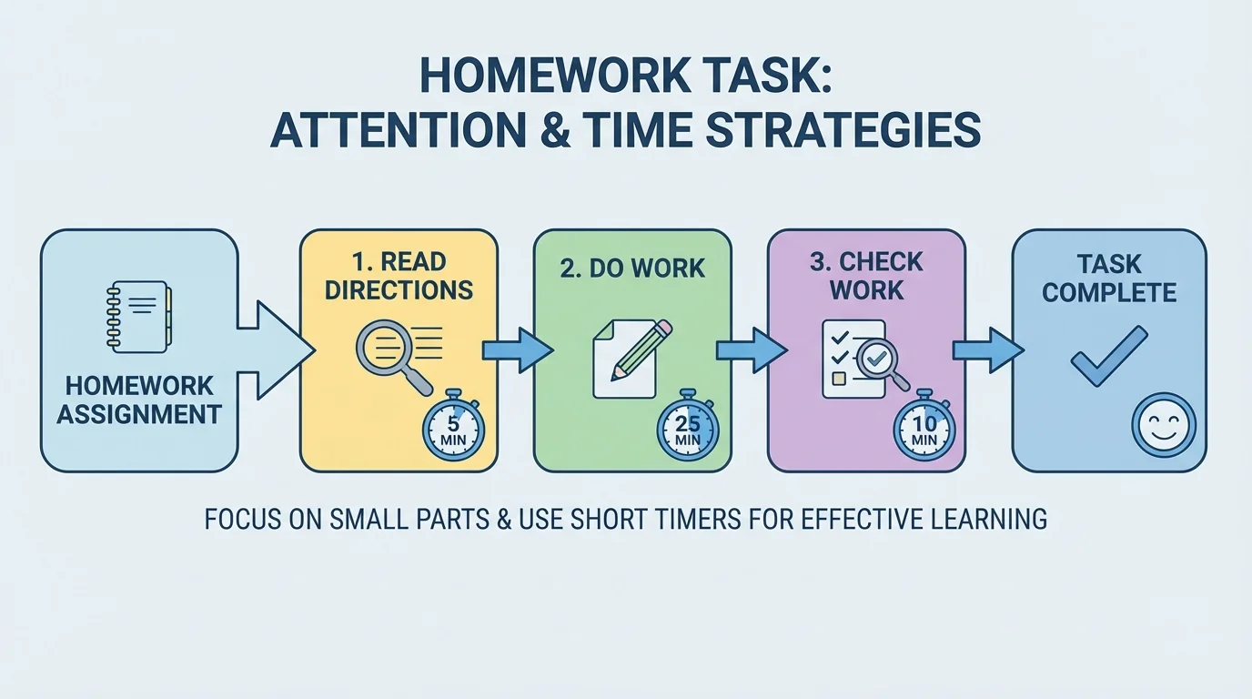 Flowchart showing homework task split into three small parts: read directions, do work, check work, with short timer icons