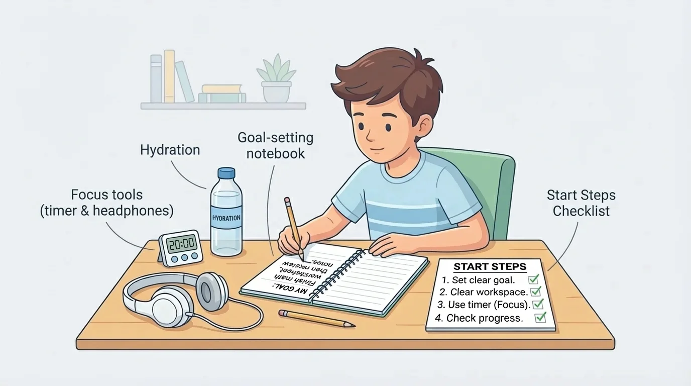 Child at home desk with pencil, notebook, headphones, water bottle, and a short checklist labeled start steps