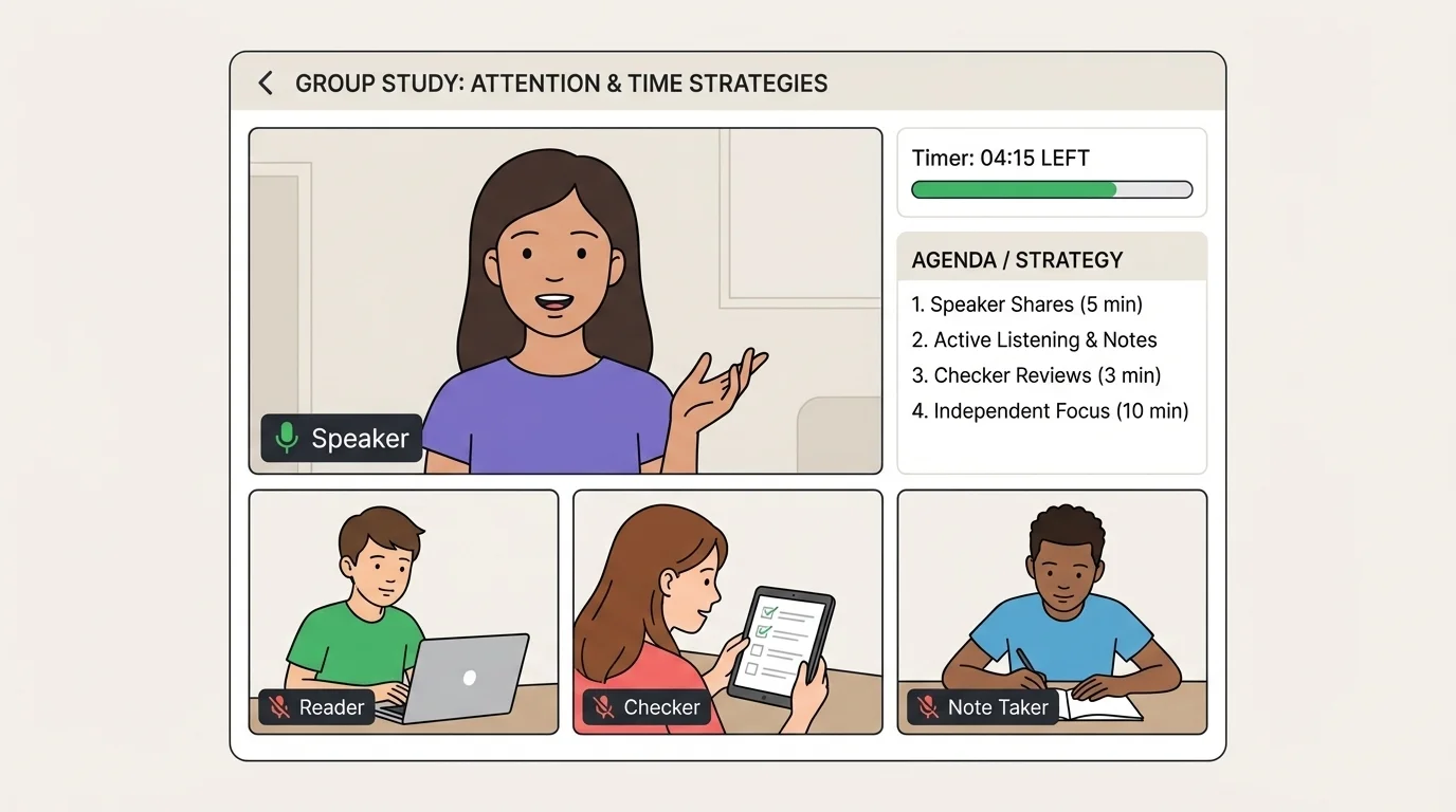 Video call scene with four children, one speaking, others muted, and labels for roles like reader, checker, and speaker