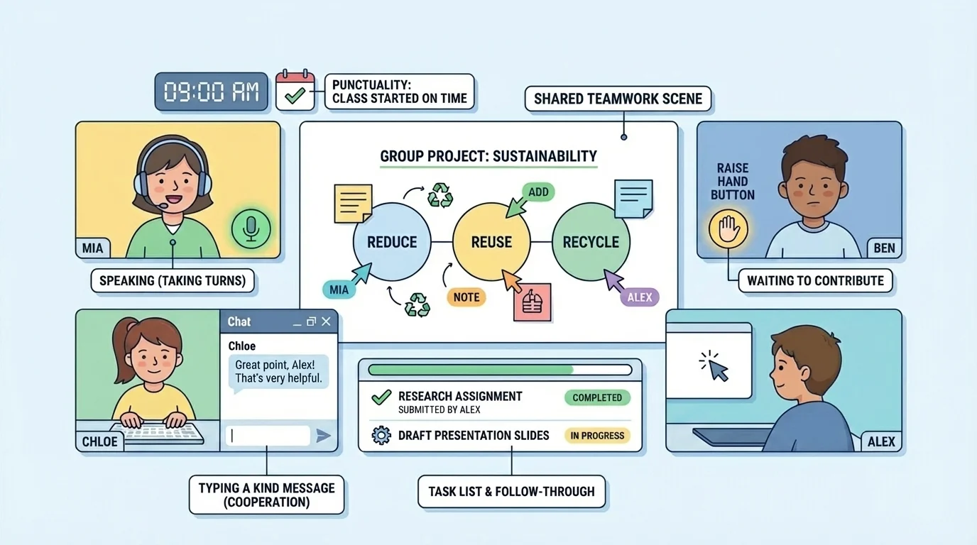 online group meeting with children taking turns speaking, one using raise-hand button, another typing a kind message in chat, shared teamwork scene