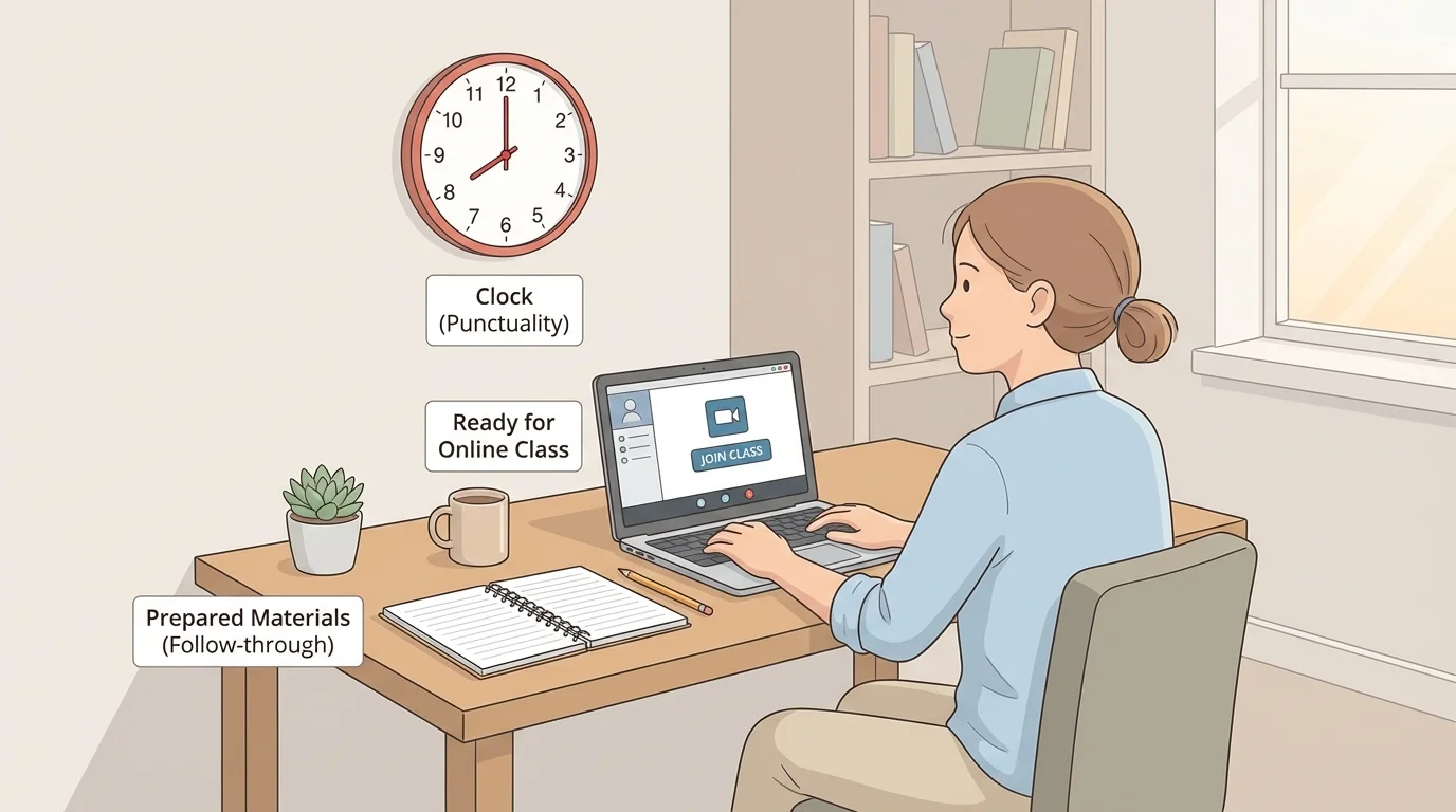 child at home at a desk checking a clock, open laptop ready for online class, notebook and pencil prepared, calm start routine