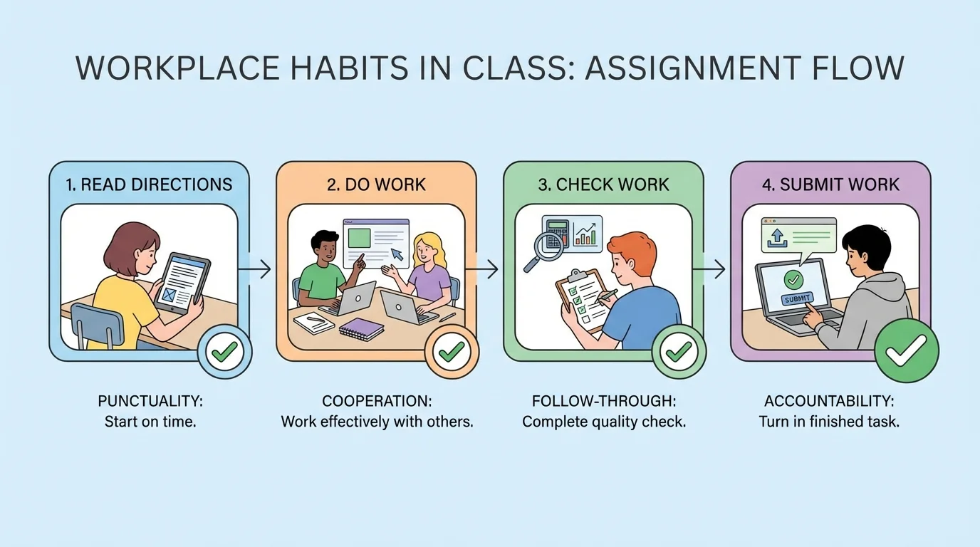assignment steps in order with check marks: read directions, do work, check work, submit work