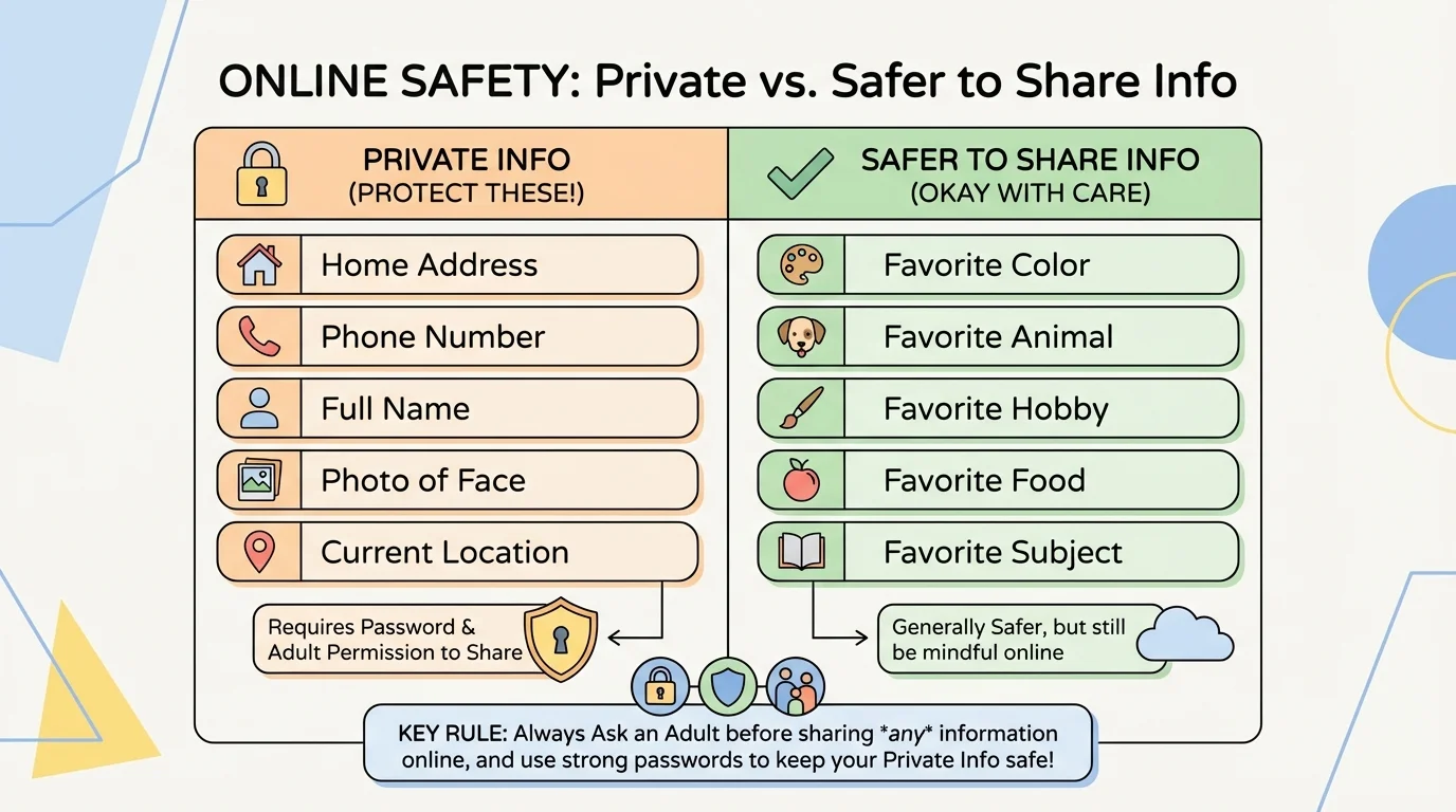 comparison chart with private items such as address, phone number, full name, photo, location, and safer non-private items like favorite color or favorite animal