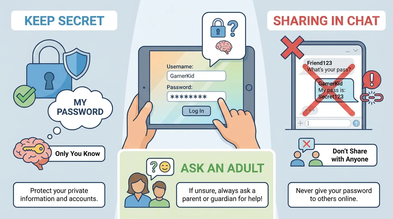 child logging into a tablet with a hidden password bubble, one side labeled keep secret, other side crossed out showing sharing password in chat