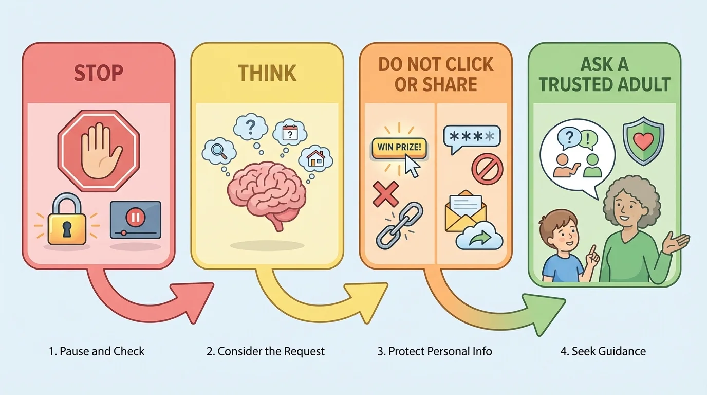 four-step child-friendly flowchart with boxes stop, think, do not click or share, ask a trusted adult